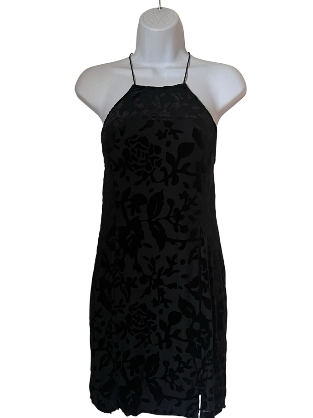 Honey Punch Black Burnout Velvet Floral Halter Mini Y2K Coquette  Slip Dress M